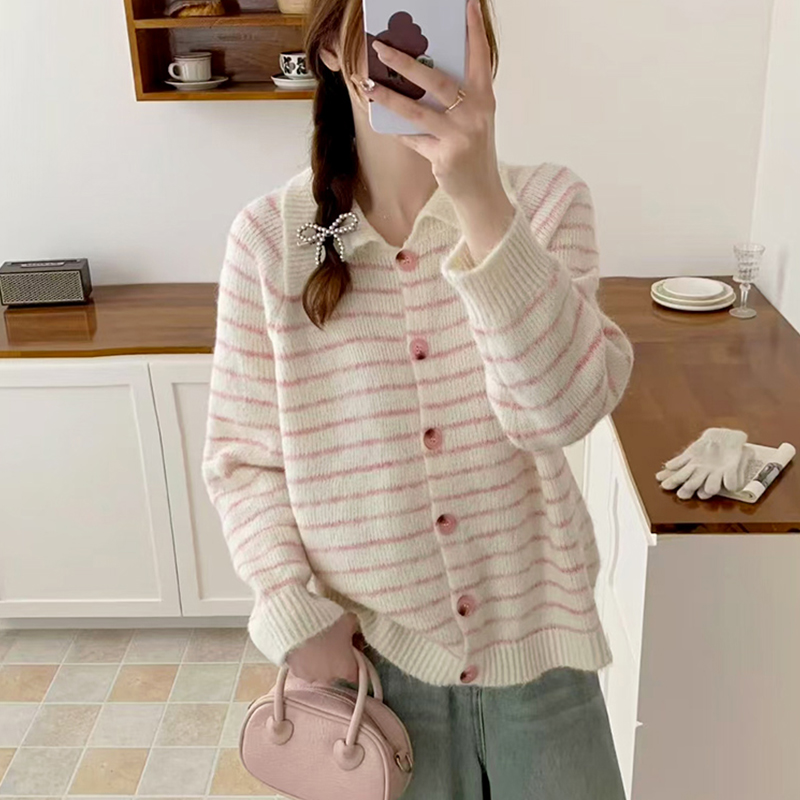 条纹翻领针织开衫女撞色新款外套