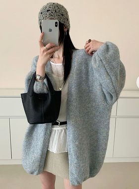 温柔慵懒风灰色针织开衫女无扣小众设计感宽松百搭秋冬季毛衣外套