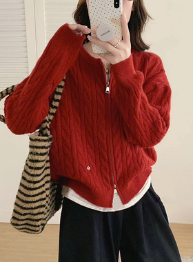 韩系慵懒双拉链麻花针织开衫女2025秋冬新款红色百搭气质毛衣外套