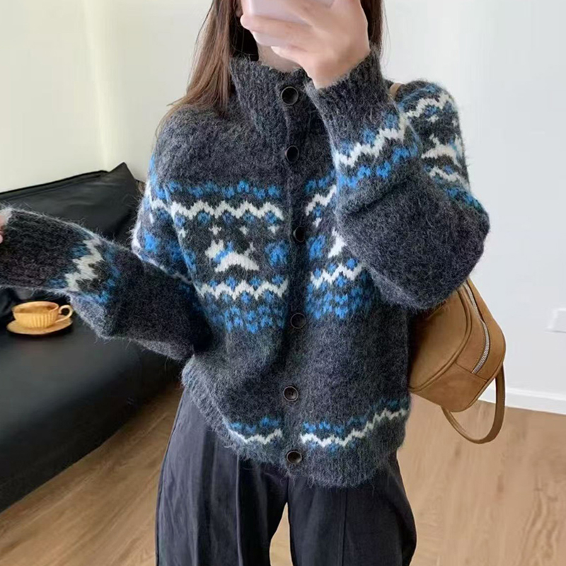 费尔岛风复古翻领针织开衫