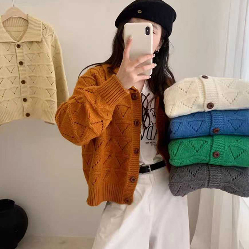 三角镂空针织开衫女秋冬季新款