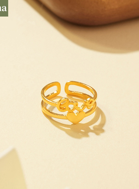 NININA简约创意爱心形戒指女沙金镶钻字母love食指开口戒子指环