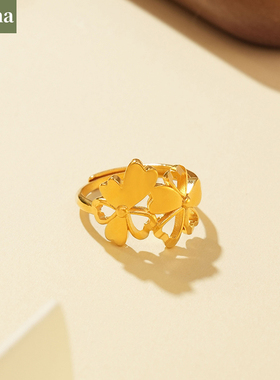 NININA金店同款古法沙金黄金色花朵戒指小清新戒指可调节开口