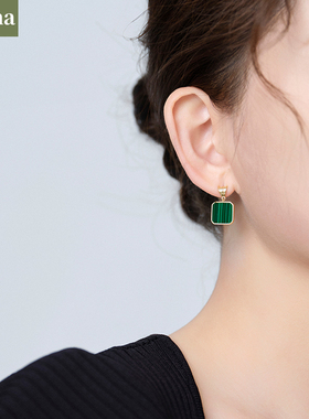 NININA孔雀石耳钉祖母绿耳环女几何方形耳饰轻奢气质复古法式小众