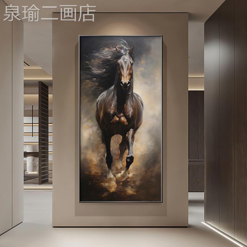 网红奔驰入户玄关装饰现代过道竖挂画走廊尽头骏画壁画马马到版成图片