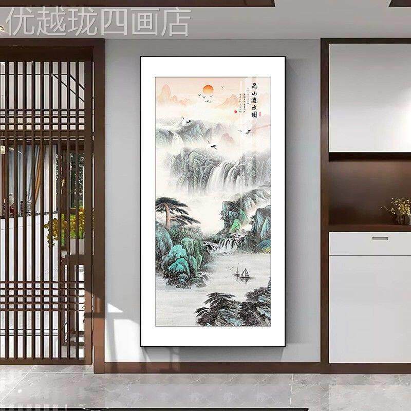 网红新千中式玄关廊江装饰画迎客松入户走过挂道画山水画里山国画