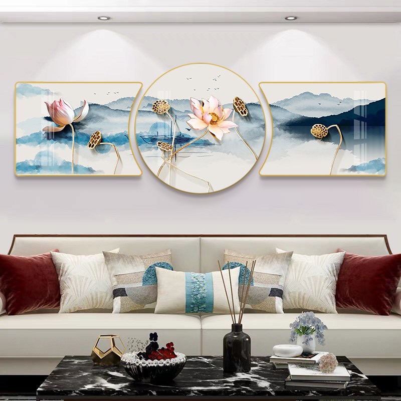 客厅装饰画沙发背景墙壁画九鱼图中式G佛系莲花图禅意创意荷花挂图片