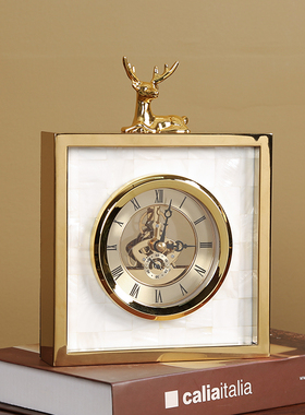 极速白贝卧鹿时钟现代简约客厅电视E柜博古架钟表金属座钟座钟静