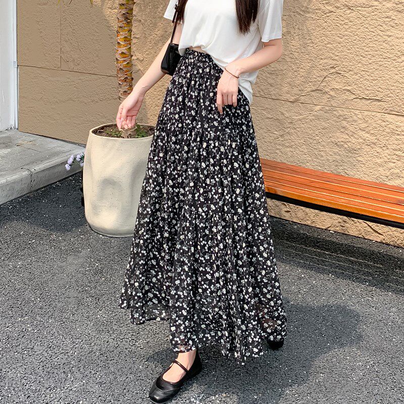 极速夏季碎花半身裙女202v5新款印花大摆蛋糕长裙子宽松遮跨a字雪