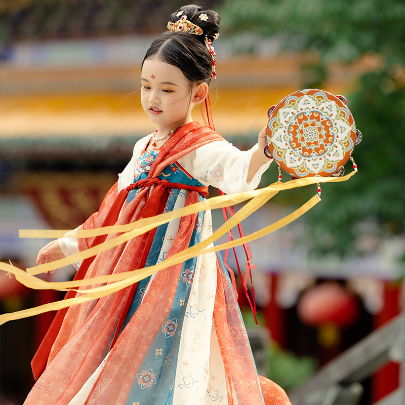 极速汉服女童秋款儿童古风洋装中国风敦煌飞天唐朝U公主装古筝演