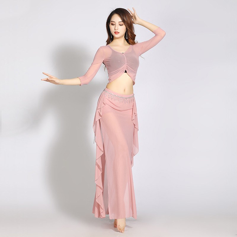 新品大码肚皮舞练功服套装长裙练习服东方舞演Q出服性感仙女网纱