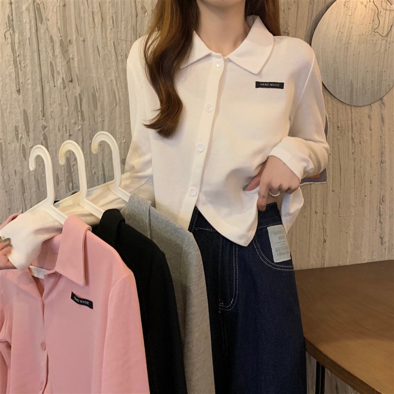 新品大码不规则长袖t恤女春季胖mmF宽松遮肚子显瘦设计感短款翻领