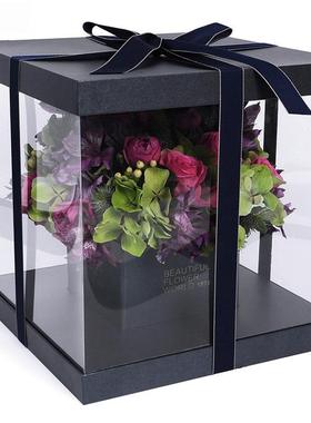 极速韩式PcVC手捧花盒玫瑰花鲜花包装盒装花束礼盒透明正方形手提