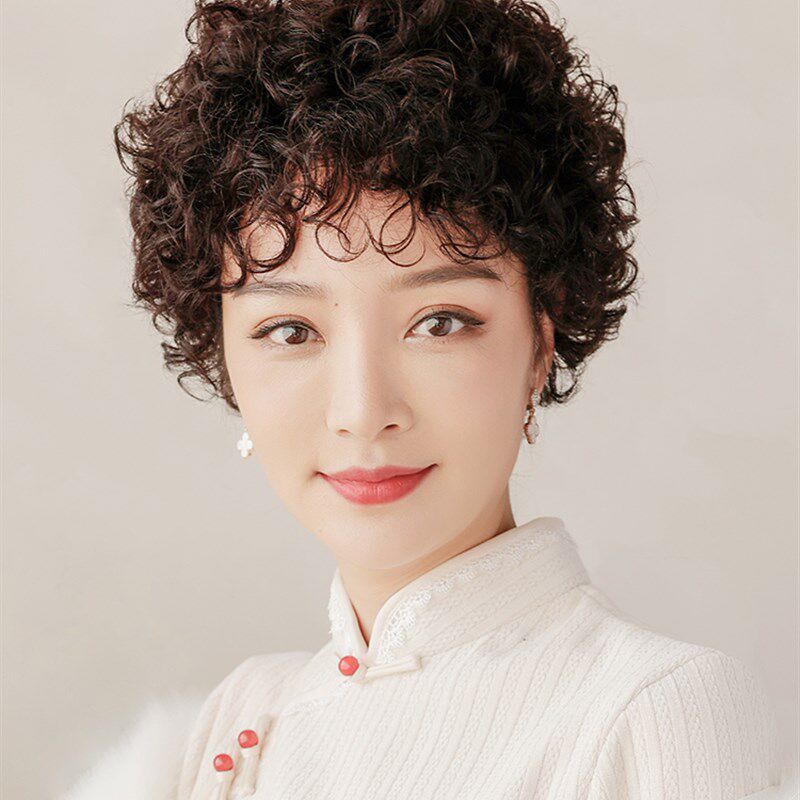 新品假发女中老年女士假发真发全真人发羊毛卷假发W女士整顶头套