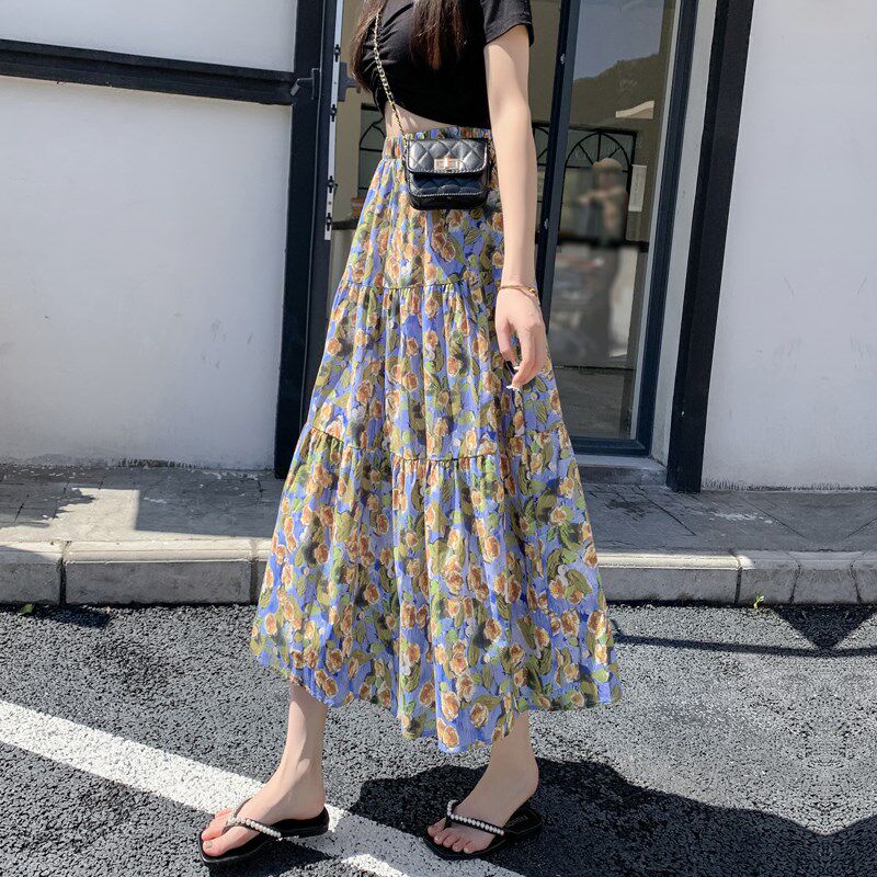 极速夏季碎花半身裙女n2025新款宽松遮跨拼接大摆高腰雪纺a字裙中