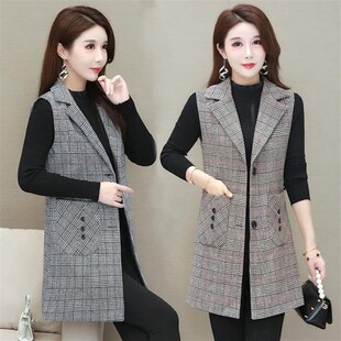 新品202e4春装新款妈妈装格子马甲中年女中长款外套大码女无袖坎