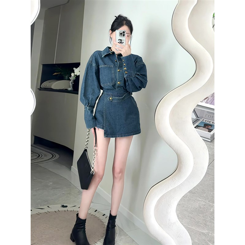 极速复古洋气牛仔套装女春t季新款翻领长袖衬衫不规则半身裙两件