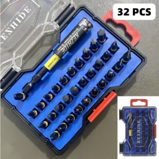 32件冲击螺丝刀套装PH、PZ、TORX、SL、HEX、PH2-PZ2、75mm双锁杆