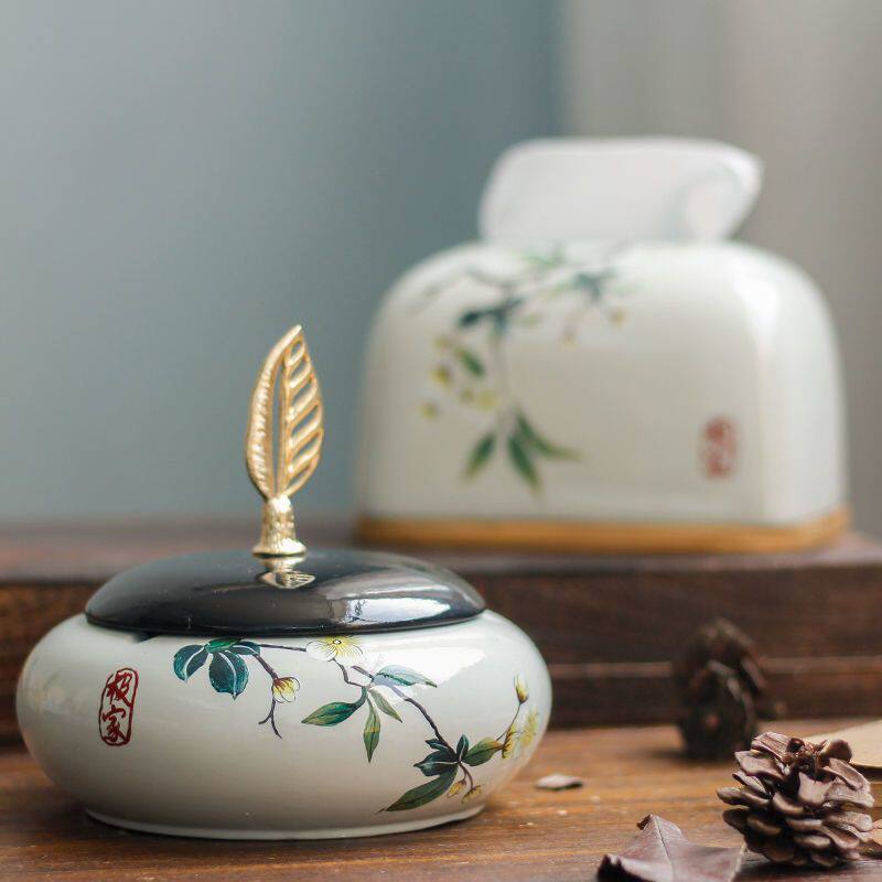 陶瓷中式现代烟灰缸有盖复古古典美式奢华带盖首饰盒父亲节礼物