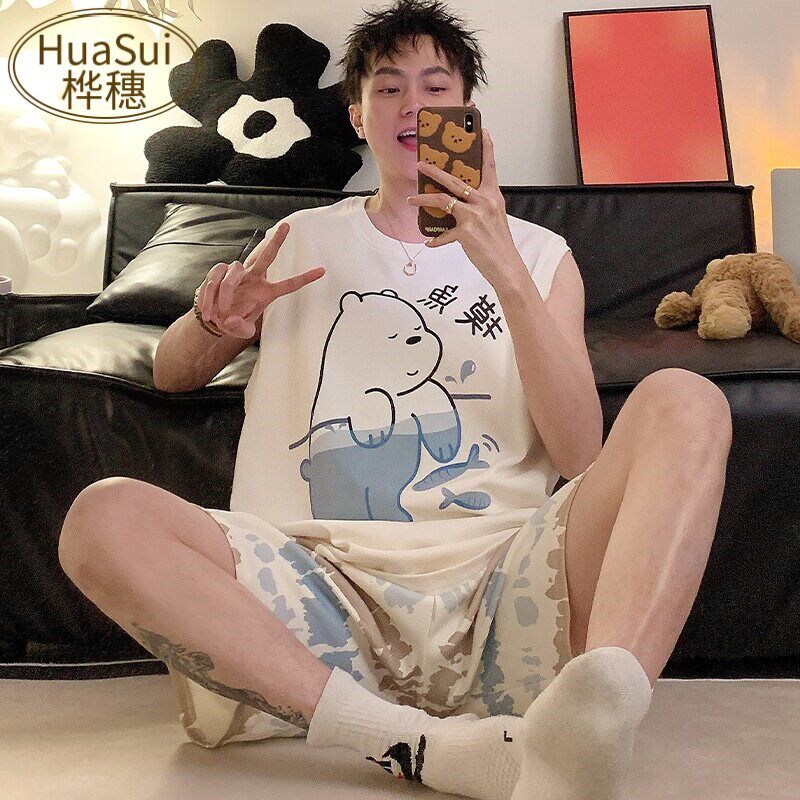 新品睡衣男士夏季背心p无袖短裤纯棉家居服男款夏天夏款大码套装