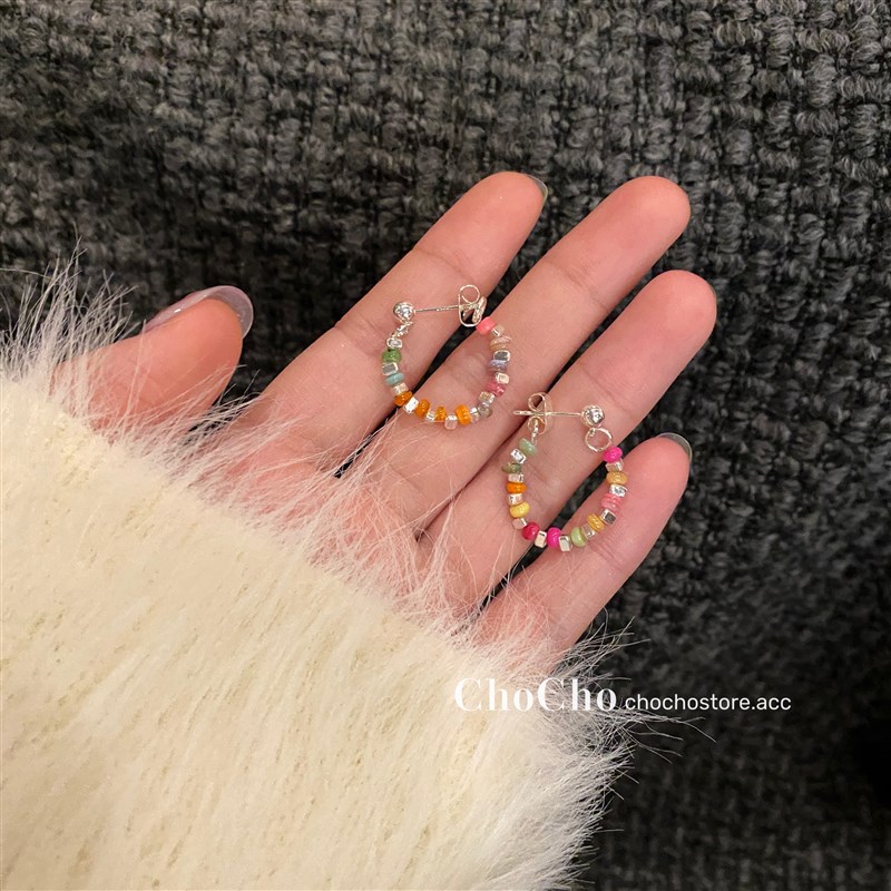 极速chocho/彩虹碎银耳环小众设计感彩色串珠耳钉202Z3年新款潮耳