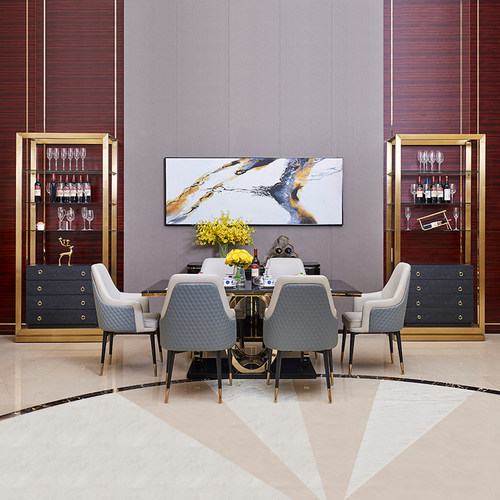 极速港式轻奢长方形大理石台面餐桌椅组合金色N不锈钢6人8人家用