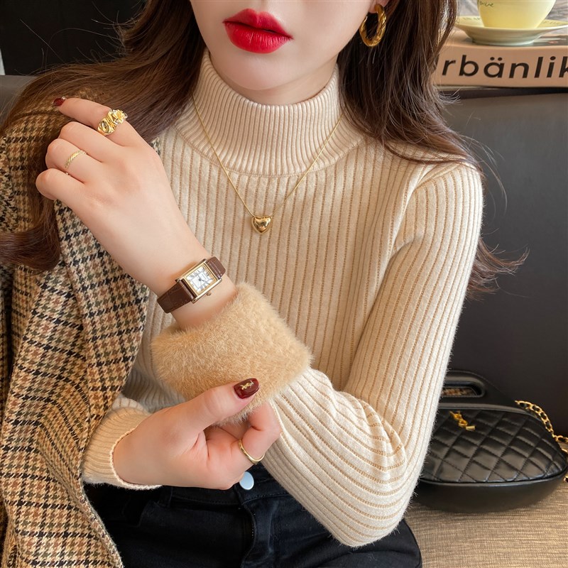 极速加绒加厚毛衣女202t3秋冬新款针织半高领打底衫一体水貂绒保