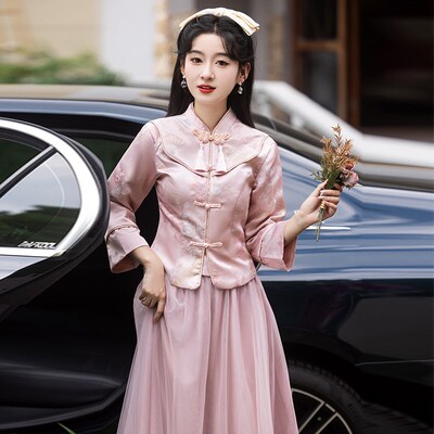 中式伴娘服粉色2025新款秋冬长袖中国风旗L袍姐妹团礼服女平时可