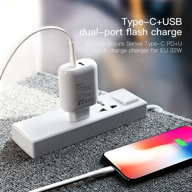 速发5V/3A 32W Travel Type-C+USB PD Quick Charge EU Plug Adap