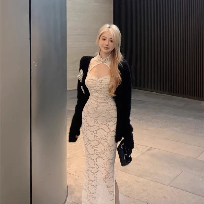 极速立领镂空蕾丝连衣裙女秋冬白色长袖修L身内搭裙子紧身中长款