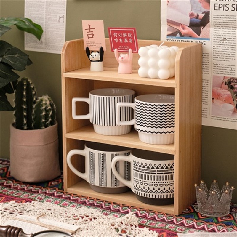 桌面收纳盒水杯茶杯木制办公室马克杯咖啡杯分层实木杯架子壁挂式