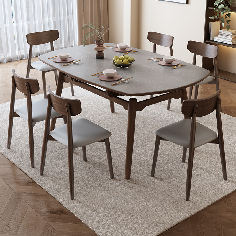 黑胡桃色原木风岩板可o伸缩餐桌小户型家用现代简约实木折叠圆饭