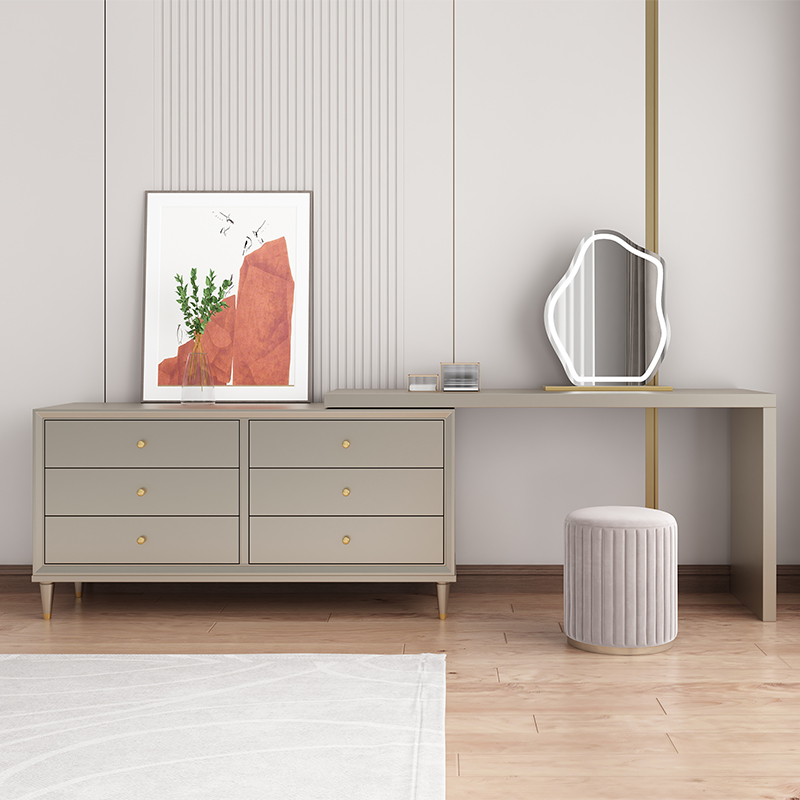意式极简梳妆g台斗柜一体卧室轻奢ins化妆桌可伸缩书桌实木收纳柜