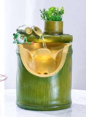 现代简约竹子办公室内招财风水轮客厅创意假M山流水喷泉加湿器摆