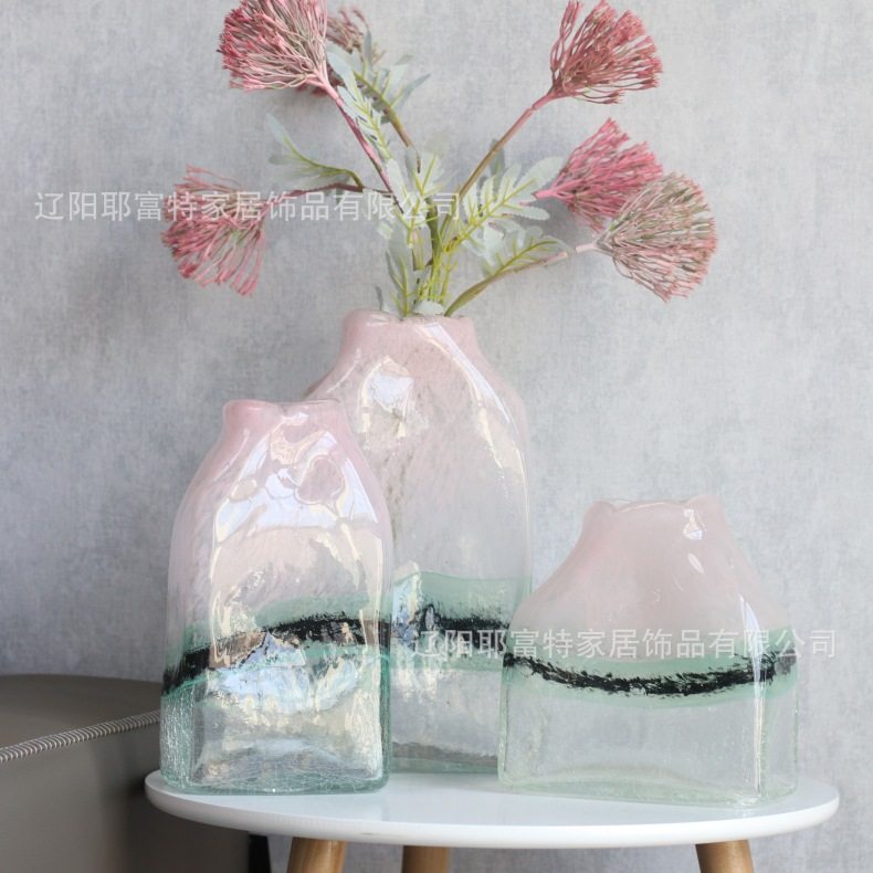 吹制玻璃花瓶创意北欧粉色透明水炸纹插花器水培器皿扁口小清新,橡塑材料及制品,其他塑料制品,淘宝优惠券,粉丝福利购,淘宝优惠卷