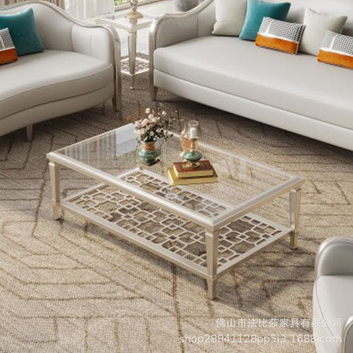 美式轻奢钢化玻璃茶几美式实木样板间茶几电视柜组合现代简约客厅