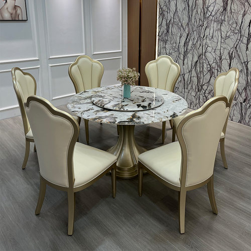 美式轻奢大理石餐桌简约实木圆桌奢华别墅餐桌椅组合