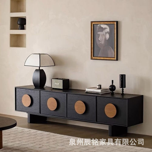 法式复古实木电视柜小户型客厅收纳储物柜黑色美式中古风落日地柜