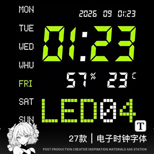 电子时钟字体数字字母复古LED灯屏幕ps/procreate字体包素材下载