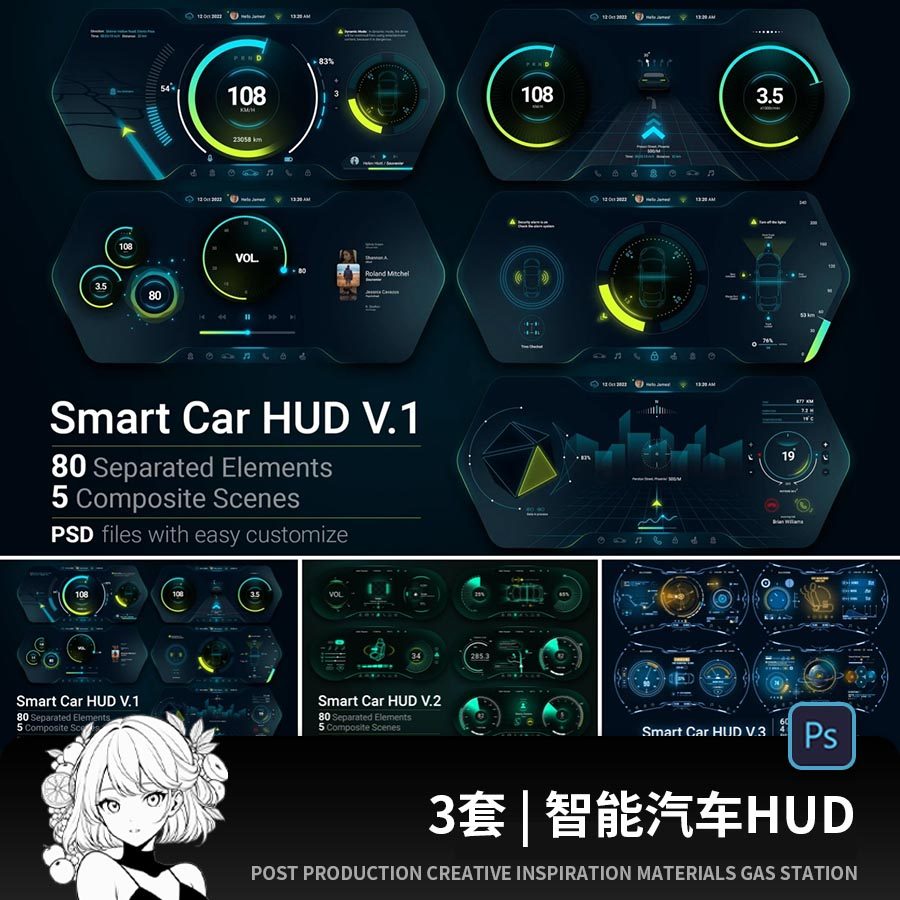 智能概念新能源汽车HUD仪表盘自动驾驶交互界面UI组件PS设计模板图片