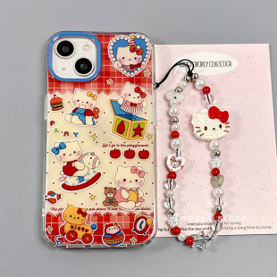 ins风少女心可爱KT猫适用苹果13手机壳iphone15promax高级感新款 14防摔硅胶16创意12小众女全包日韩带链条软p