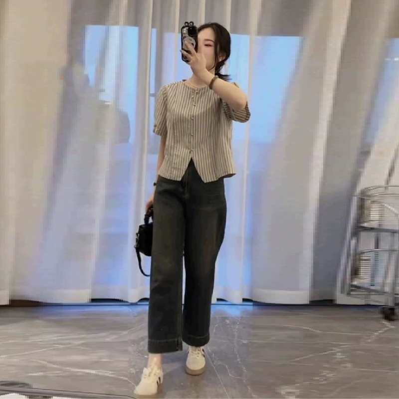 RIERA2025夏季新款小个子穿搭一整套女时尚百搭条纹衬衫阔腿裤两