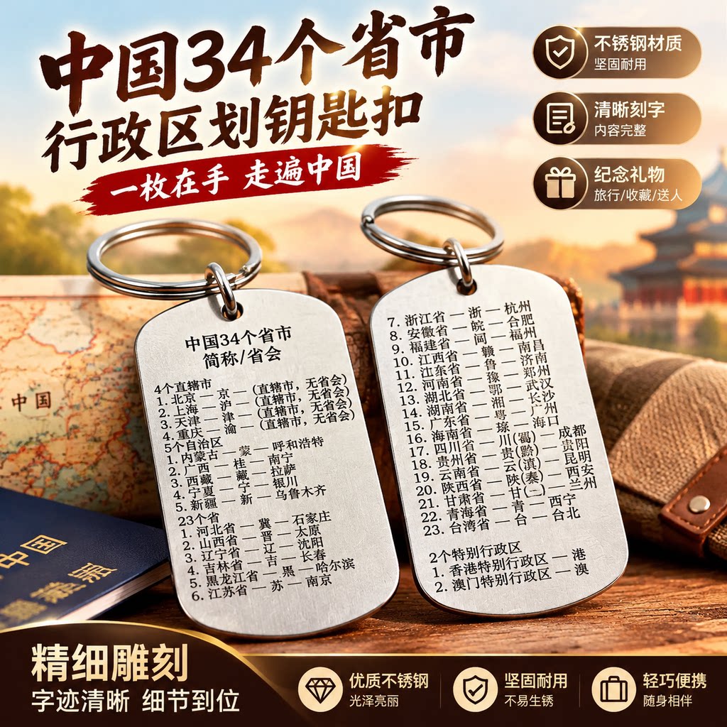 中国各省省会简称纪念钥匙扣不锈钢创意随身钥匙圈个性书包挂件