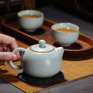新款 汝窑旅行茶具套装 一壶二杯手工泡茶壶便携简约景德镇陶瓷礼品