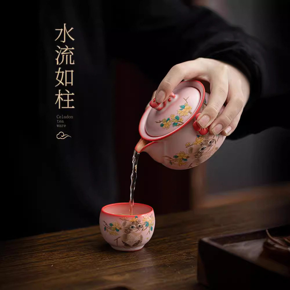 看见 精致粉胎汝窑女士手抓壶茶具家用可养开片一壶两杯套装