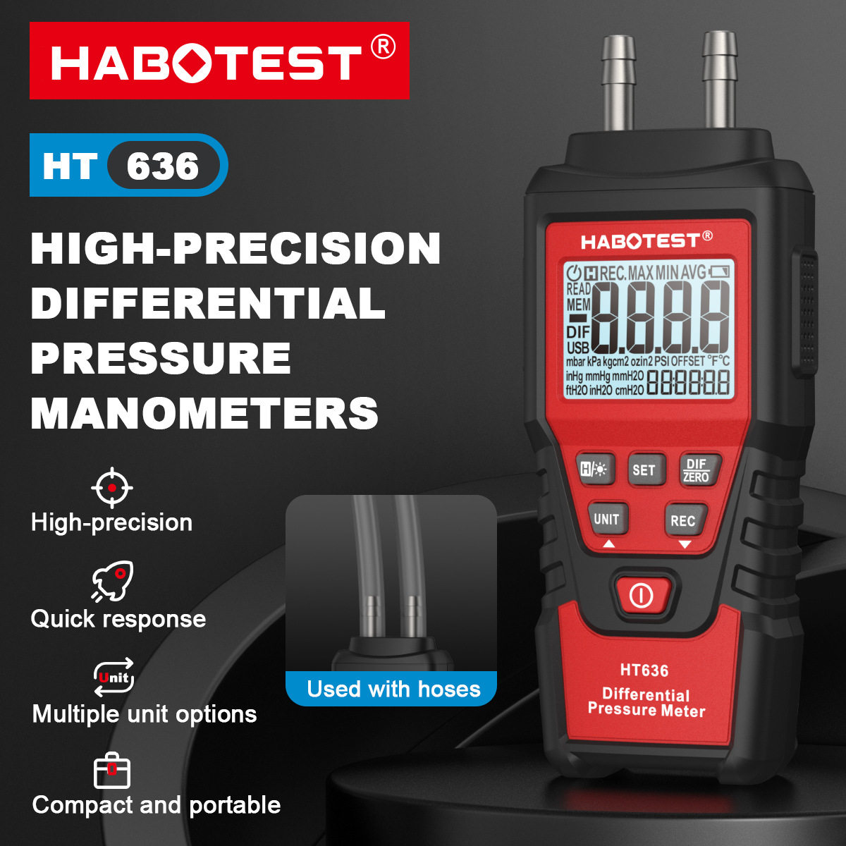 HABOTEST华博HT636差压计数字压力表数显差压负压表微压检测仪