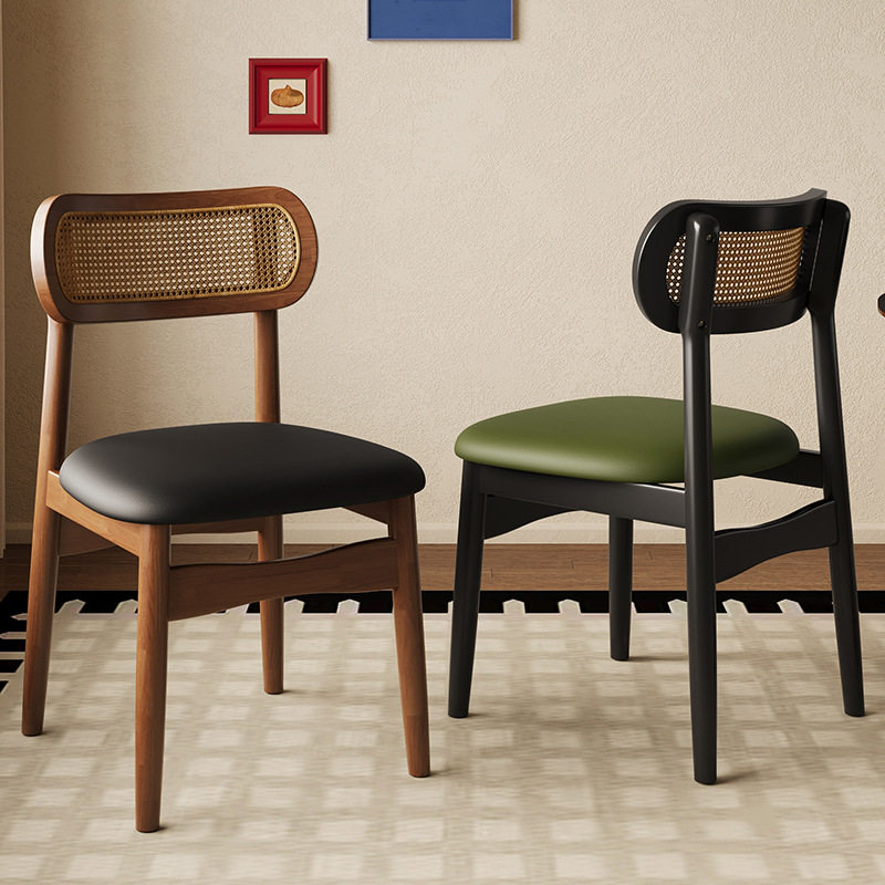 2026复古全实木餐桌椅靠背餐椅中古休闲家用酒店藤编椅子网红凳子