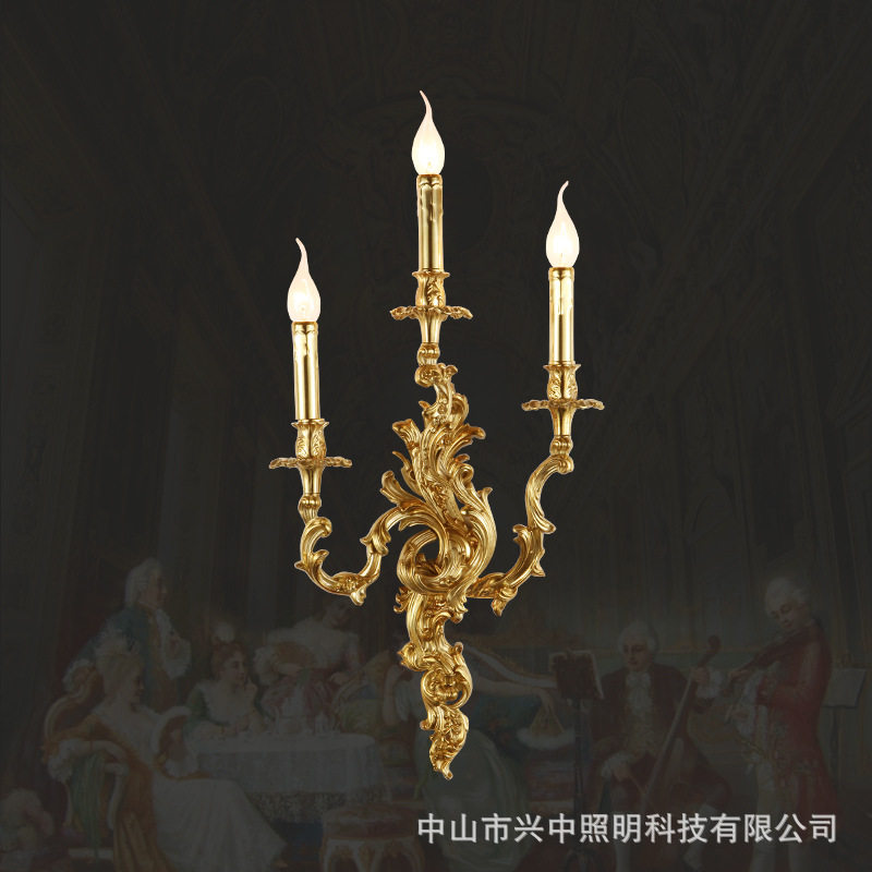 法式壁灯led楼梯灯全铜三头蜡烛灯金色大气别墅客厅过道灯走廊灯