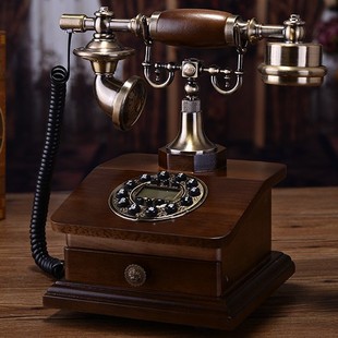实木复古电话机简约中式家用座机老式仿古有线来显电话道具摆件
