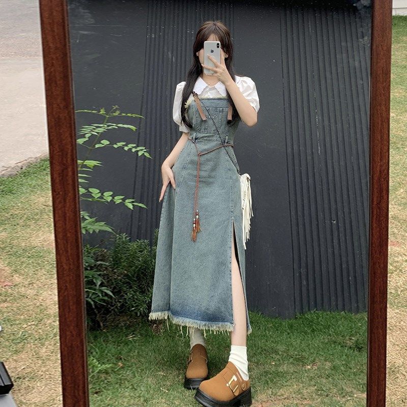 速发大码毛边遮肚牛仔背带裙子辣妹设计感叉开吊带裙连衣裙,女装/女士精品,大码套装,淘宝优惠券,粉丝福利购,淘宝优惠卷